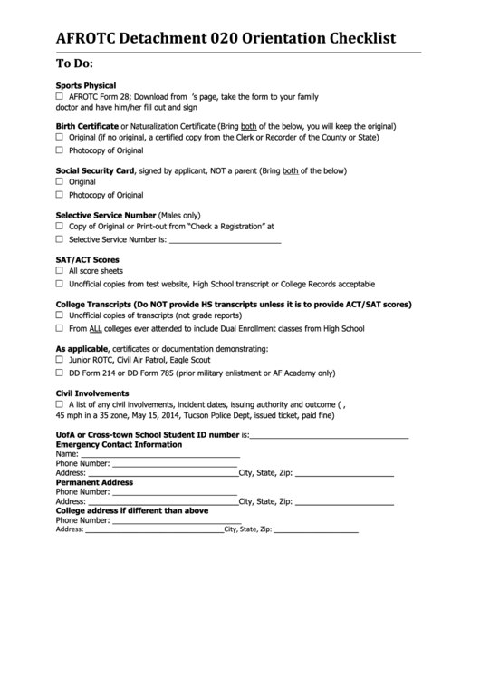 Afrotc Detachment 020 Orientation Checklist Template Printable pdf