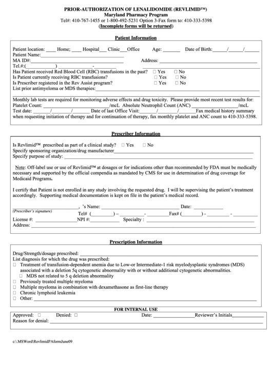 Enalidomide - Pre-Authorization Form Printable pdf