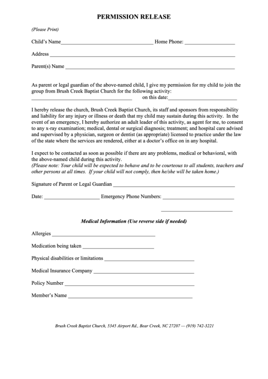 Permission Release Form - Brush Creek Baptist Church - North Carolina Printable pdf