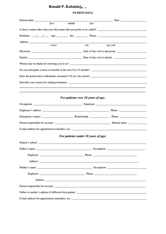 Patient Data Form Printable pdf