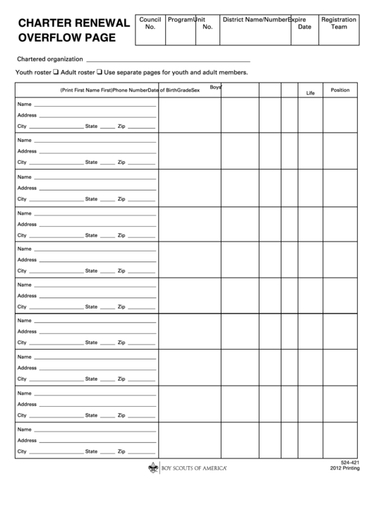 Fillable Charter Renewal Overflow Page Template Printable pdf