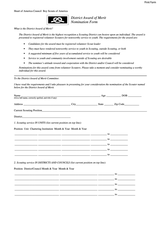 Fillable District Award Of Merit Nomination Form Printable pdf