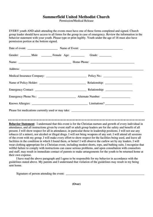 Permission/medical Release Form Printable pdf