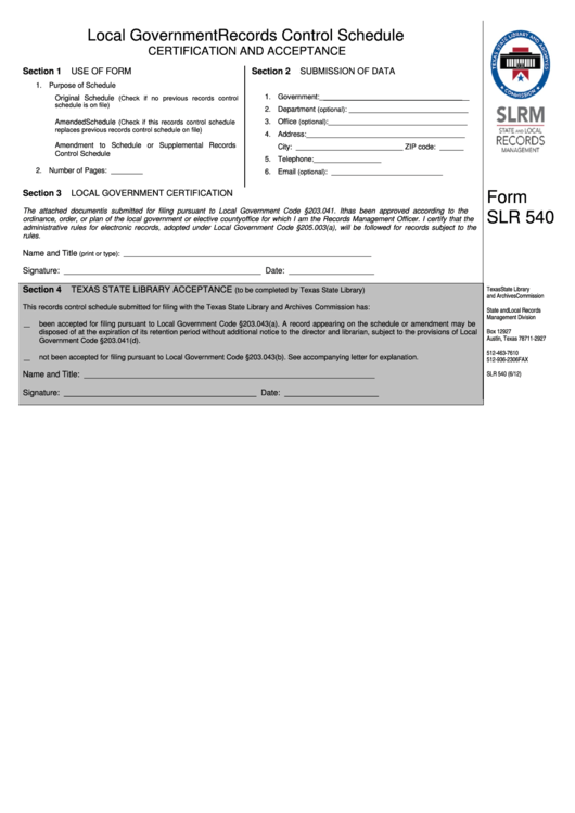 Fillable Form Slr 540 - Certification And Acceptance - Texas State Library And Archives Commission Printable pdf
