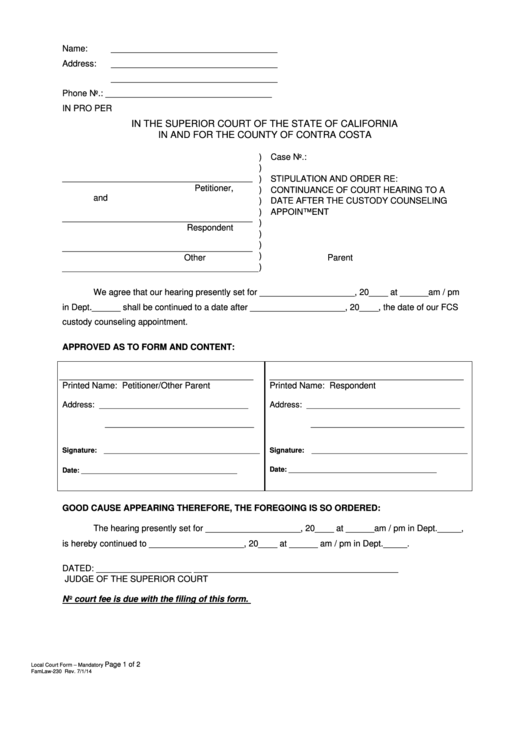 Form 230 - Changing The Date Of Court Hearing - County Of Contra Costa