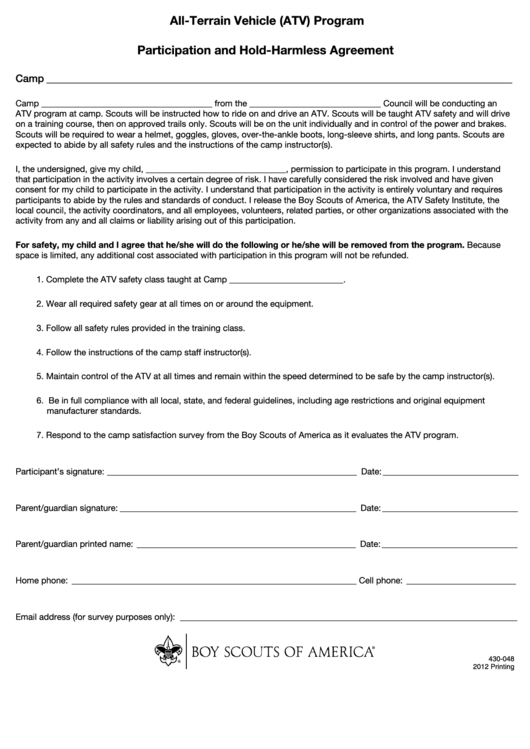 Fillable Participation And Hold-Harmless Agreement Form - All-Terrain Vehicle (Atv) Program Printable pdf