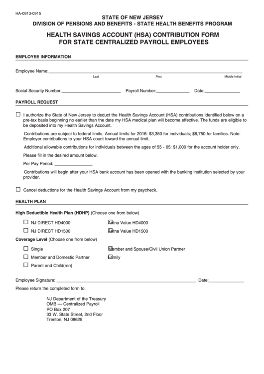 Health Savings Account (Hsa) Contribution Form For State Centralized Payroll Employees Printable pdf