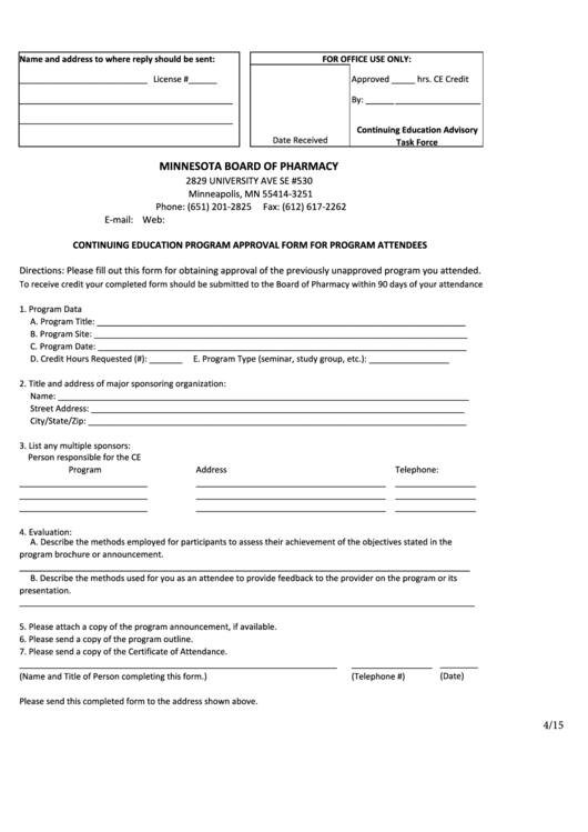 Fillable Continuing Education Program Approval Form For Program Attendees - Minnesota Board Of Pharmacy Printable pdf