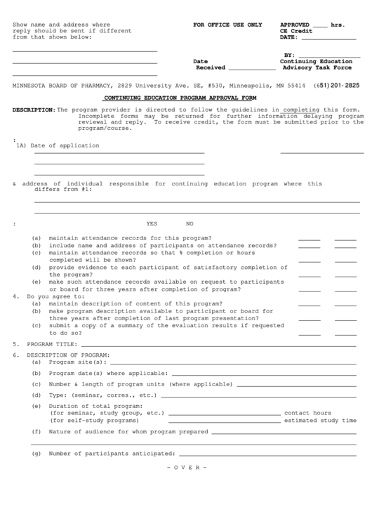 Fillable Continuing Education Program Approval Form - Minnesota Board Of Pharmacy Printable pdf