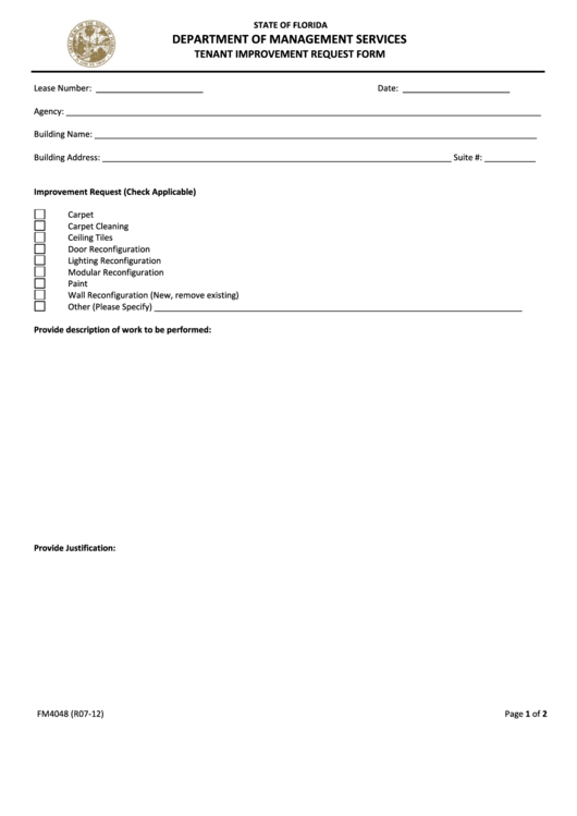Fillable Form Fm4048 - Tenant Improvement Request Form - Department Of Management Services Printable pdf