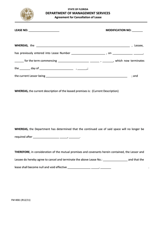Fillable Form Fm 4061 - Agreement For Cancellation Of Lease Printable pdf