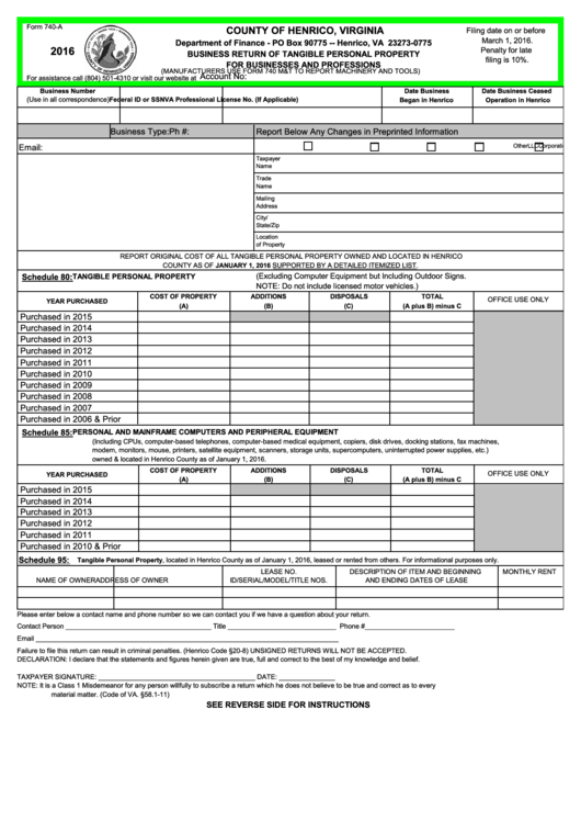 Fillable Form 740-A - Business Return Of Tangible Personal Property For Businesses And Professions - Department Of Finance - Henrico Printable pdf