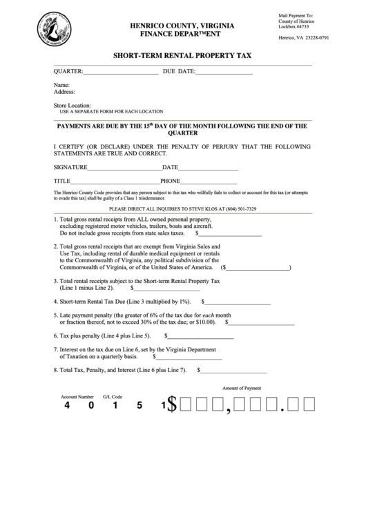 Form 40151 - Short-Term Rental Property Tax Form - Finance Department - Henrico County - Virginia Printable pdf