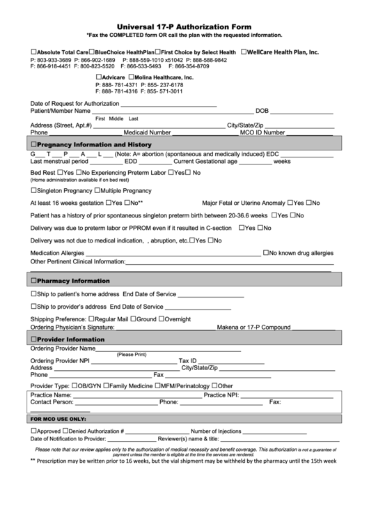 Universal 17-P Authorization Form Printable pdf