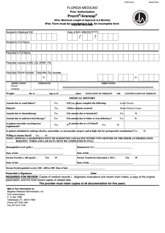 Prior Authorization Form Procrit/aranesp-florida Medicaid