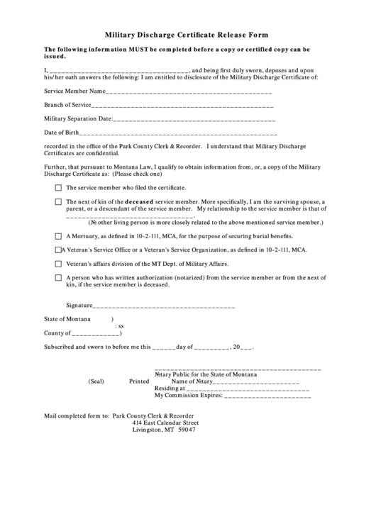 Military Discharge Certificate Release Form - Notary Public For The State Of Montana Printable pdf