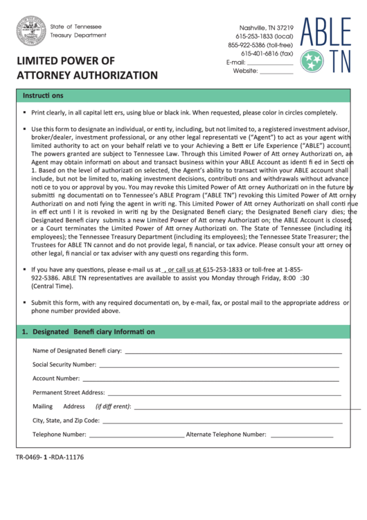 Fillable Limited Power Of Attorney Authorization Form - Tennessee Treasury Department Printable pdf