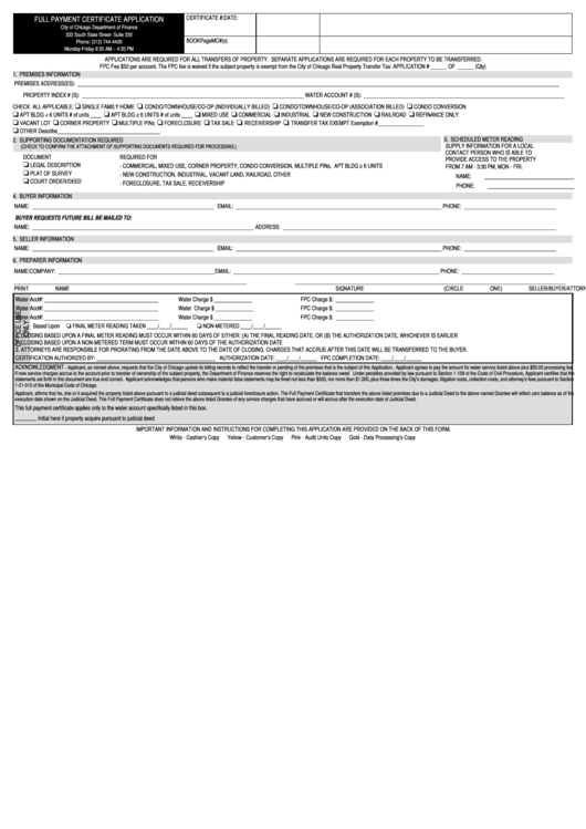 Fillable Full Payment Certificate Application Form - City Of Chicago Department Of Finance Printable pdf