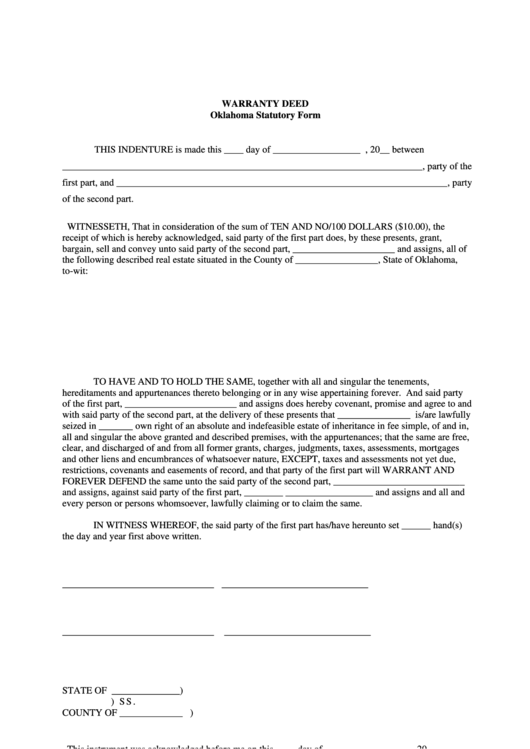 Warranty Deed Oklahoma Statutory Form Printable pdf