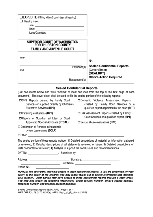 Sealed Confidential Reports Cover Sheet - Superior Court Of Washington For Thurston County Printable pdf