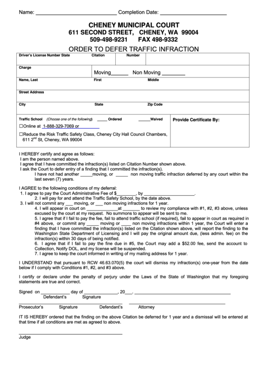 Order To Defer Traffic Infraction Form - Cheney Municipal Court Printable pdf