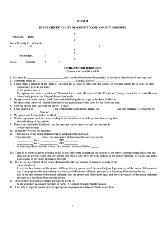 Form 11 - Affidavit For Judgment Printable pdf