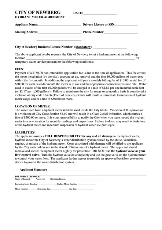 Hydrant Meter Rental Agreement Form - City Of Newberg Printable pdf