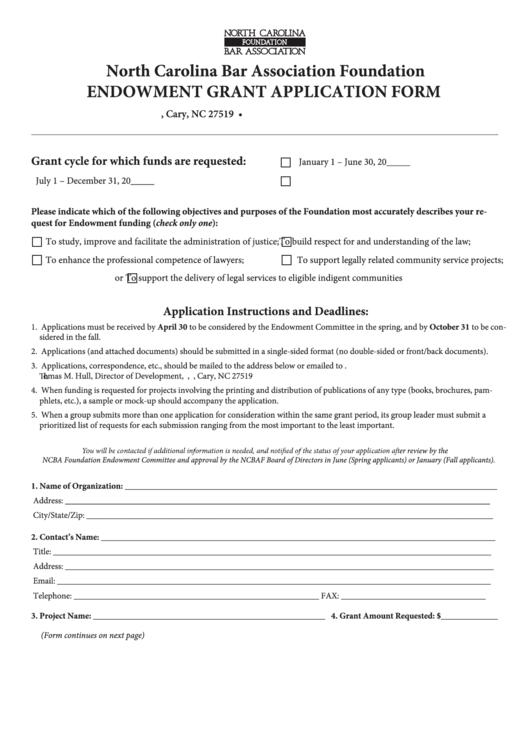 Fillable Endowment Grant Application Form - North Carolina Bar Association Foundation Printable pdf