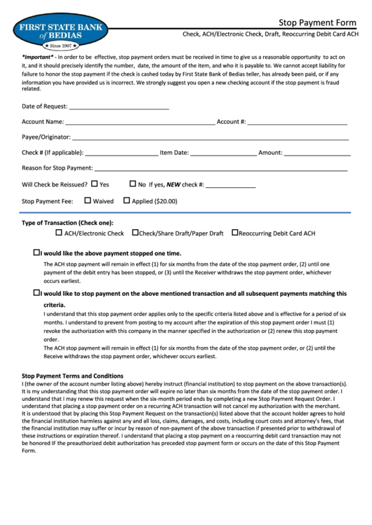 Fillable Stop Payment Form - First State Bank Of Bedias Printable pdf