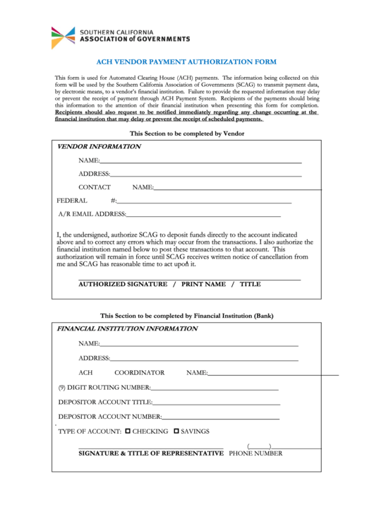 Fillable Ach Vendor Payment Authorization Form - Southern California Association Of Governments Printable pdf
