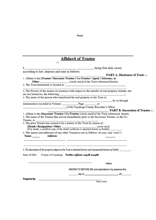 Fillable Affidavit Of Trustee Form - Ohio, County Of Cuyahoga Printable pdf