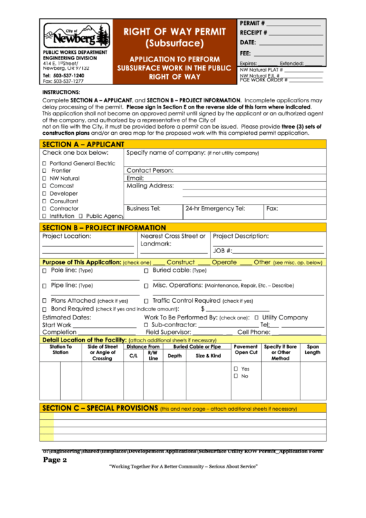 Application Form To Perform Subsurface Work In The Public Right-Of-Way Printable pdf