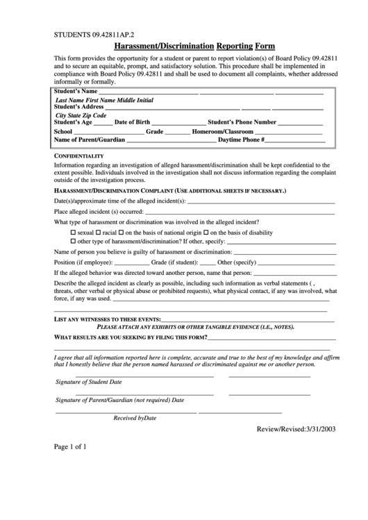 Harassmentdiscrimination Reporting Form Printable Pdf Download 1136