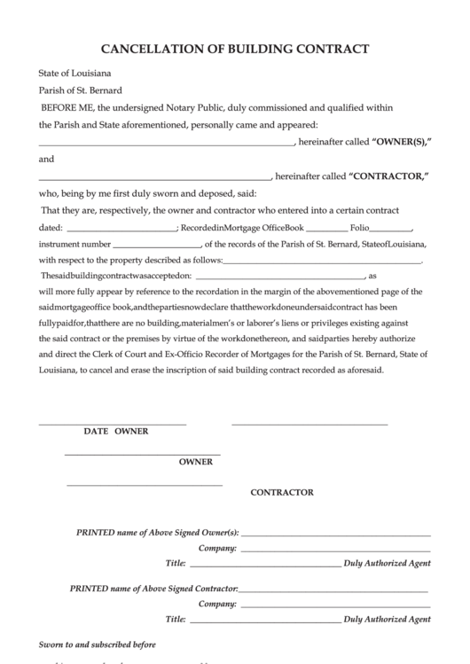 Cancellation Of Building Contract Form - Louisiana Printable pdf