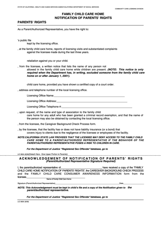 Fillable Form Lic 995a - Family Child Care Home Notification Of Parents