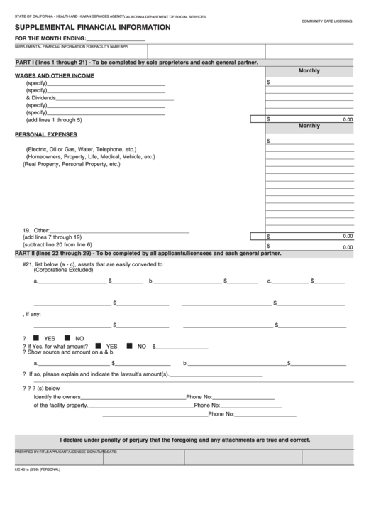 Fillable Form Lic 401a - Supplemental Financial Information Printable pdf