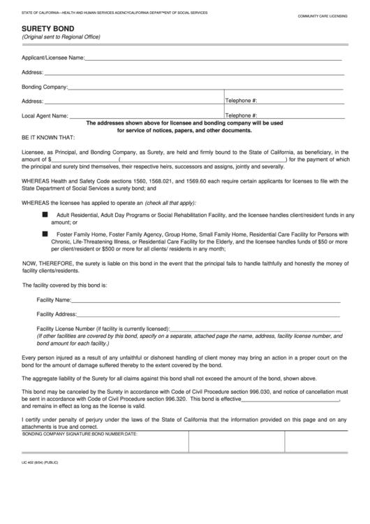 Fillable Form Lic 402 - Surety Bond Printable pdf
