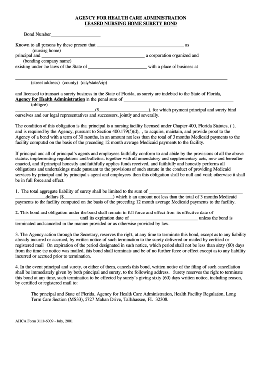 Leased Nursing Home Surety Bond Form - Agency For Health Care Administration Printable pdf