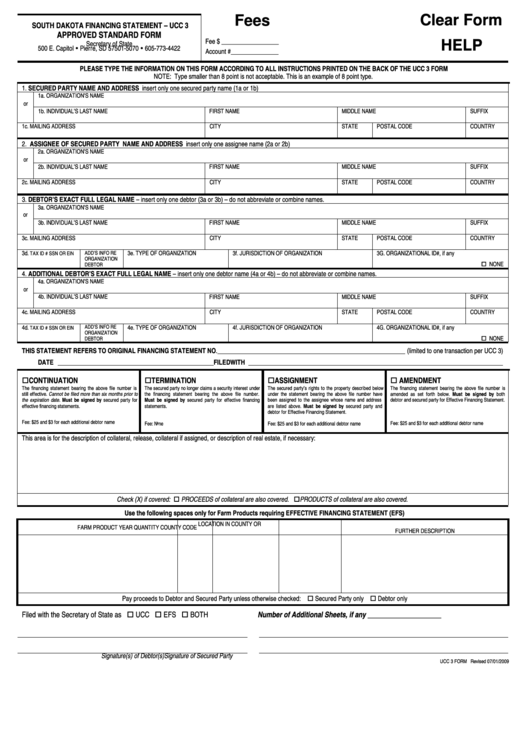Fillable South Dakota Financing Statement - Ucc 3 Approved Standard Form Printable pdf