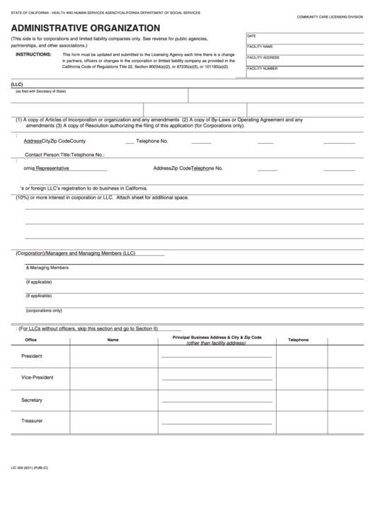 Fillable Form Lic 309 - Administrative Organization Printable pdf