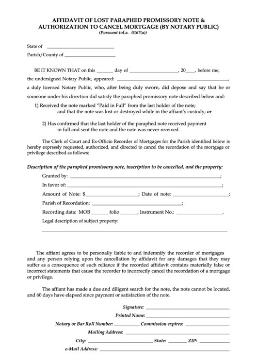 Fillable Affidavit Of Lost Paraphed Promissory Note & Authorization To Cancel Mortgage (By Notary Public) Form Printable pdf