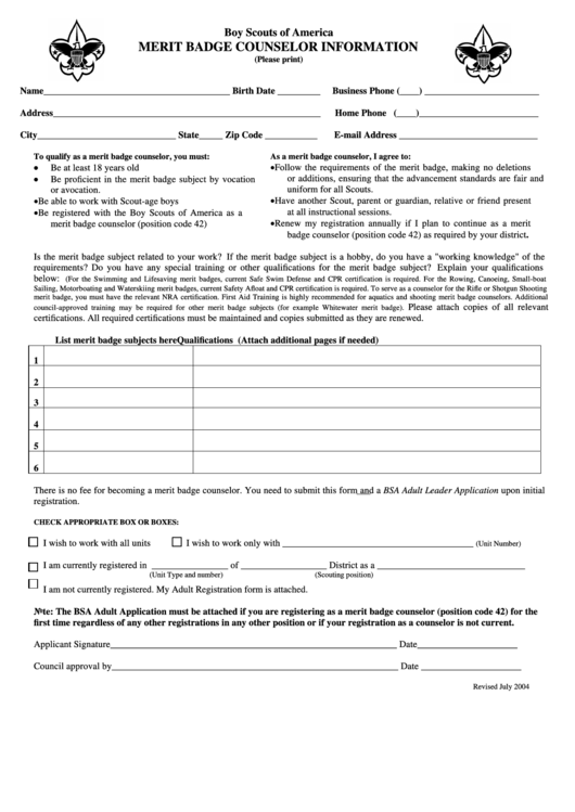 Merit Badge Counselor Information Form - Boy Scouts Of America
