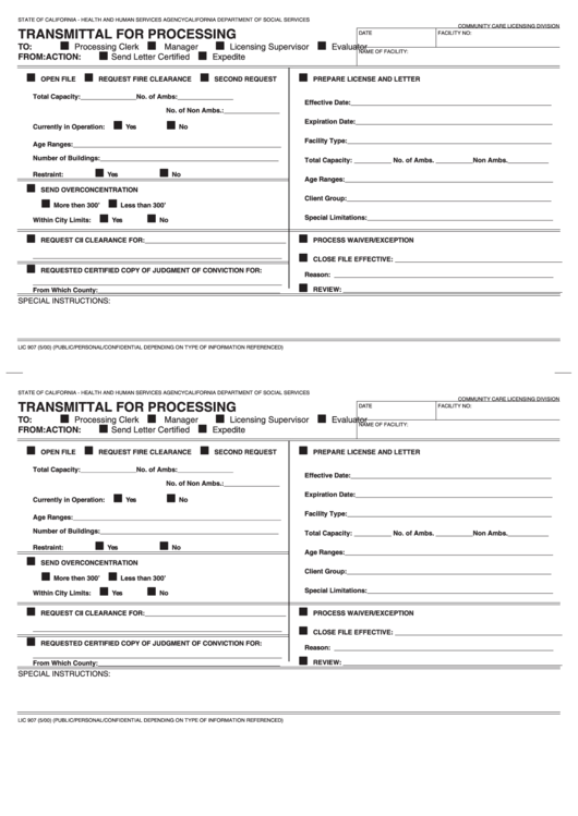 Fillable Form Lic 907 - Transmittal For Processing Printable pdf