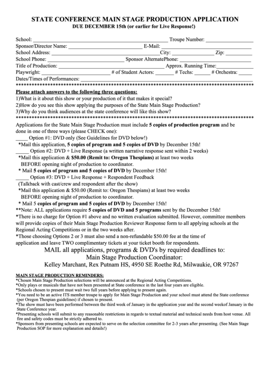 State Conference Main Stage Production Application Form Printable pdf