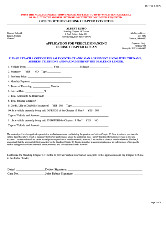 Application For Vehicle Financing During Chapter 13 Plan Form - Office Of The Standing Chapter 13 Trustee Printable pdf