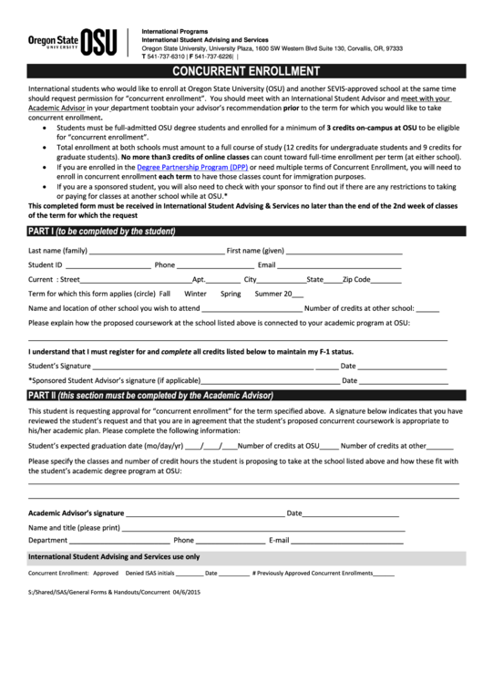 Concurrent Enrollment Form For International Students Printable Pdf Download