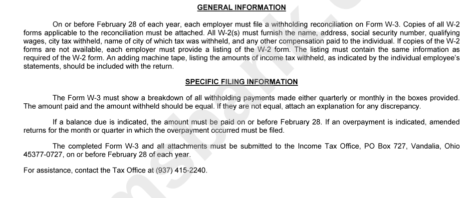 Specific Filing Information For Form W-3