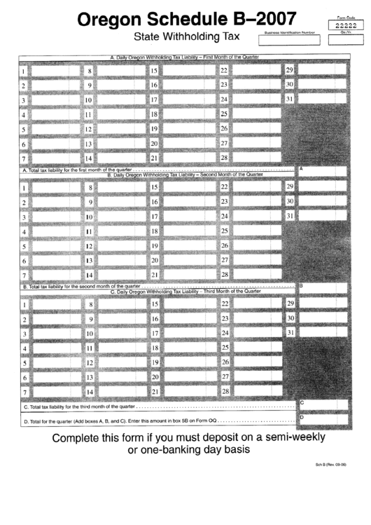 Schedule B - State Withholding Tax Sheet - 2007 Printable pdf