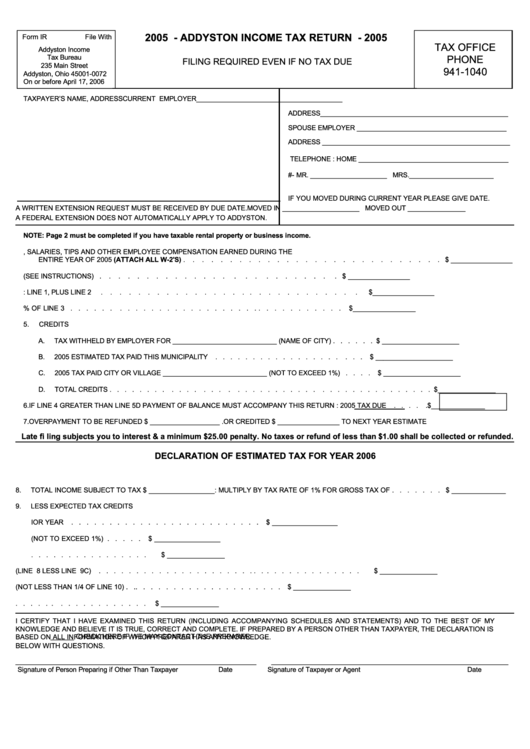 Form Ir - Addyston Income Tax Return - 2005 Printable pdf