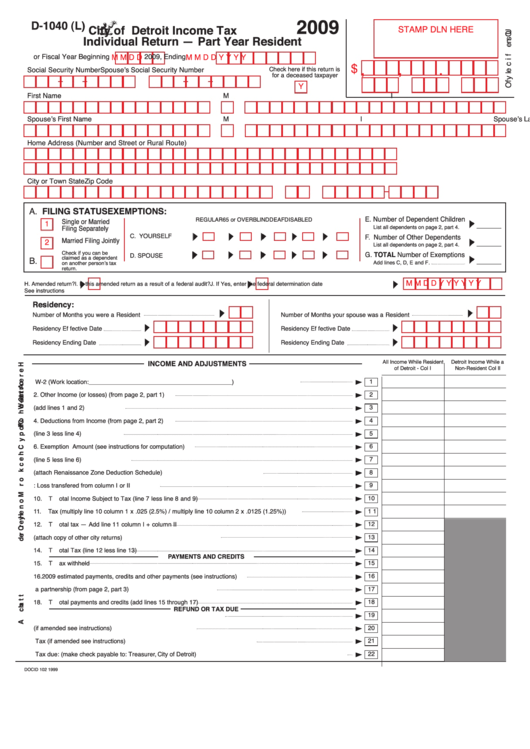 Form D-1040(L) - City Of Detroit Income Tax Individual Return - Part Year Resident - 2009 Printable pdf